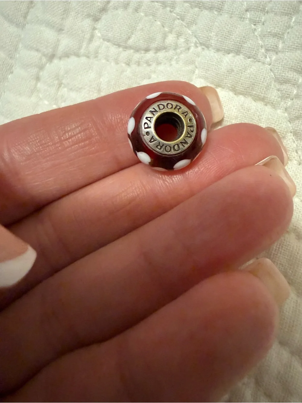 Pandora red Murano glass with white hearts Bead